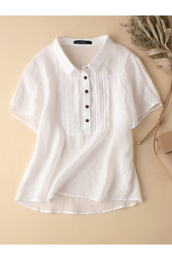 Solid Patchwork Button Lapel Short Sleeve Casual Blouse