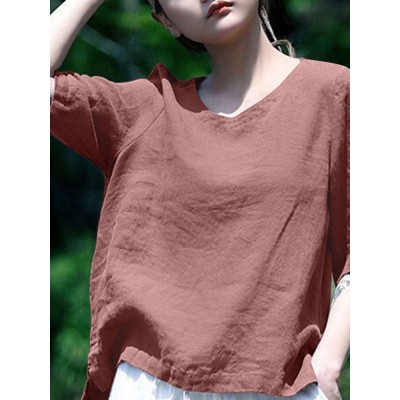 Solid Half Sleeve Crew Neck Casual Women Blouse