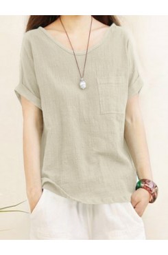 Solid Pocket Roll Short Sleeve Round Neck Casual Blouse