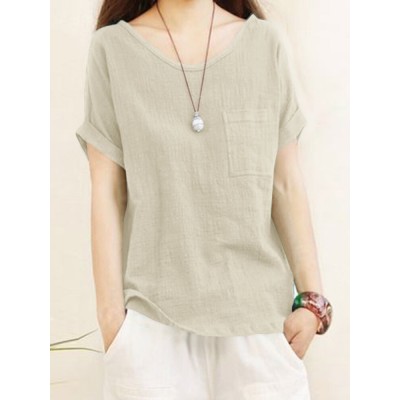 Solid Pocket Roll Short Sleeve Round Neck Casual Blouse