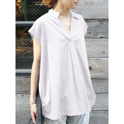 Solid Ruched V Neck Short Sleeve Casual Blouse
